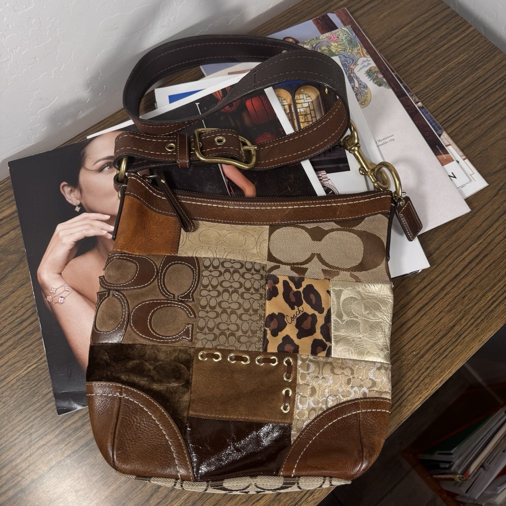Vintage Coach Y2K Patchwork Hobo Bag Brown Leather Canvas Suede Leopard